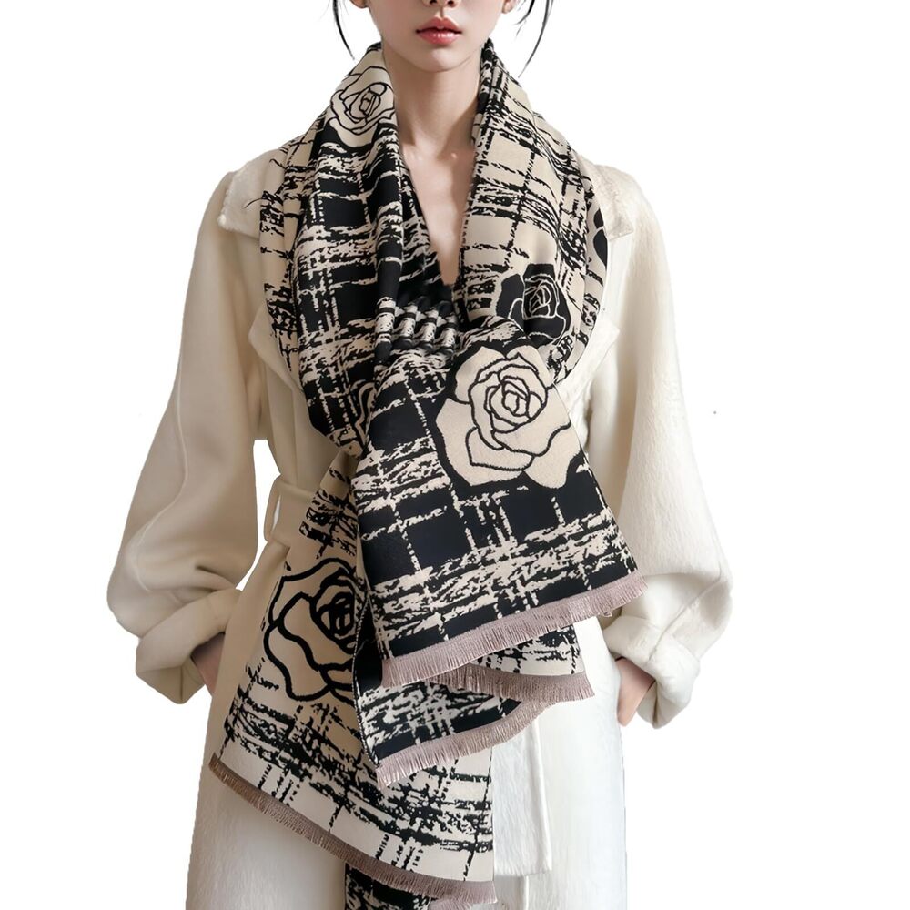 7344 Winter Scarf Women Pashmina Shawls And Wraps Romantic Checked Camellia